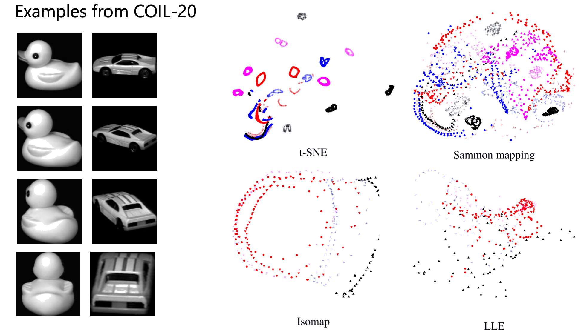 COIL-20: t-SNE vs Sammon vs Isomap vs LLE